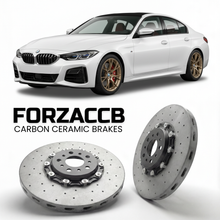 ForzaCCB direct OEM replacement carbon ceramic brake rotors for 2020-2026+ BMW M440d xDrive G22/G23/G26 models, shown with a white BMW M440d xDrive car.