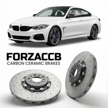 ForzaCCB direct OEM replacement carbon ceramic brake rotors for 2020-2026+ BMW M440i G22/G23/G26 models, shown with a white BMW M440i car.