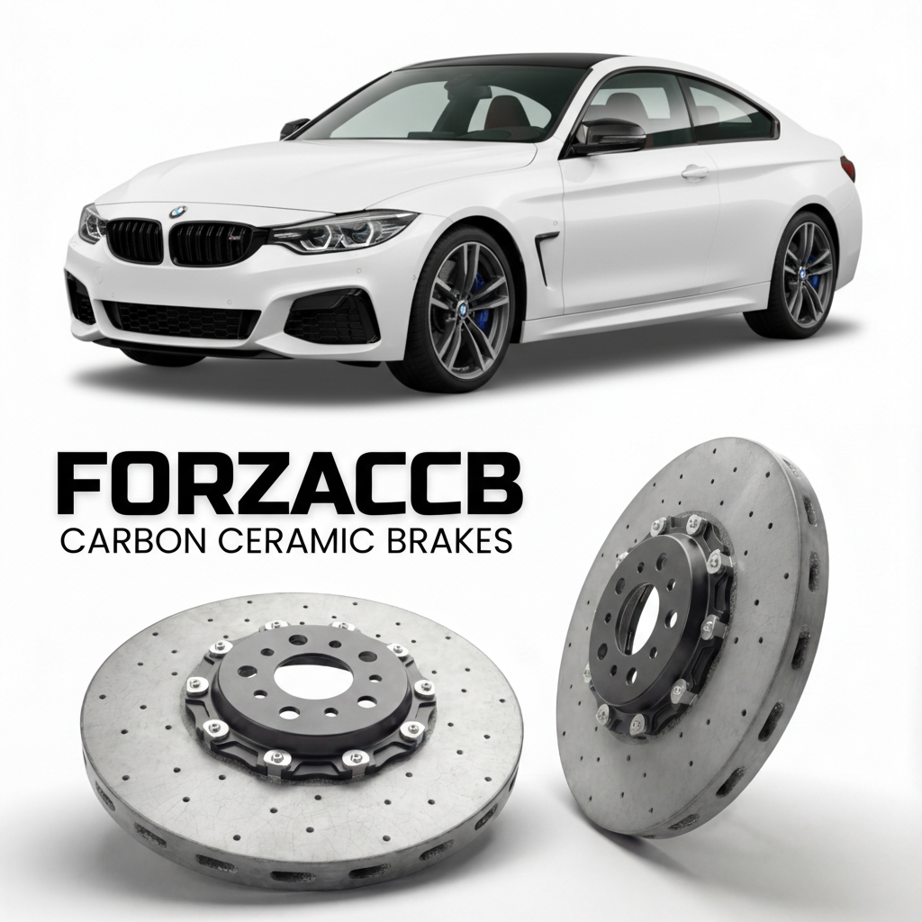 ForzaCCB direct OEM replacement carbon ceramic brake rotors for 2020-2026+ BMW M440i G22/G23/G26 models, shown with a white BMW M440i car.