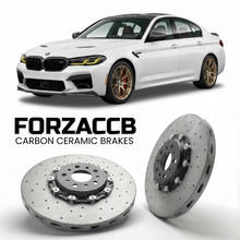ForzaCCB direct OEM replacement carbon ceramic brake rotors for 2018 to 2023 BMW M5 Competition F90 models, shown with a white BMW M5 Competition car.