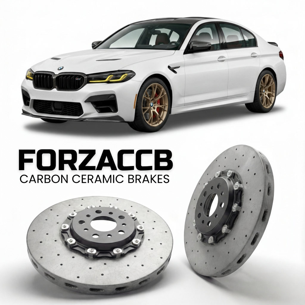 ForzaCCB direct OEM replacement carbon ceramic brake rotors for 2018 to 2023 BMW M5 Competition F90 models, shown with a white BMW M5 Competition car.