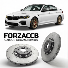 ForzaCCB direct OEM replacement carbon ceramic brake rotors for 2021 BMW M5 CS F90 models, shown with a white BMW M5 CS car.