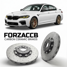 ForzaCCB direct OEM replacement carbon ceramic brake rotors for 2005 to 2010 BMW M5 Sedan E60 models, shown with a white BMW M5 Sedan car.