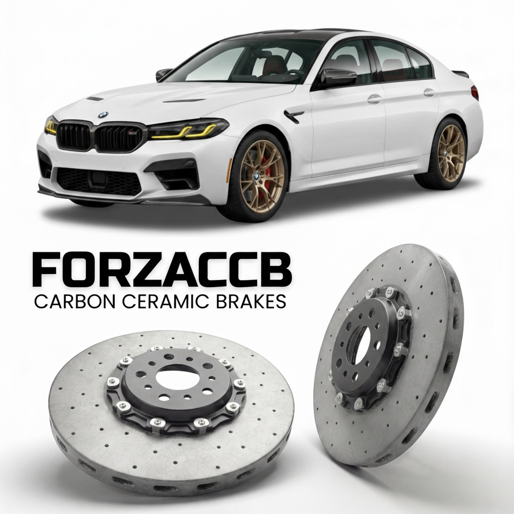 ForzaCCB direct OEM replacement carbon ceramic brake rotors for 2005 to 2010 BMW M5 Sedan E60 models, shown with a white BMW M5 Sedan car.