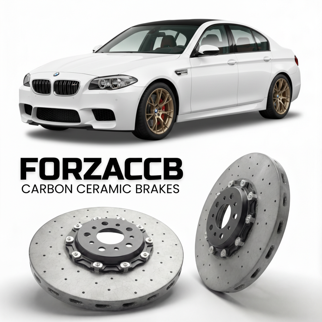 ForzaCCB direct OEM replacement carbon ceramic brake rotors for 2011 to 2016 BMW M5 Sedan F10 models, shown with a white BMW M5 Sedan car.