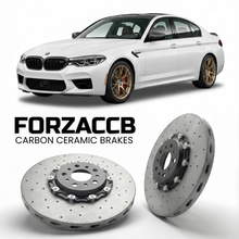 ForzaCCB direct OEM replacement carbon ceramic brake rotors for 2017 to 2023 BMW M5 Sedan F90 models, shown with a white BMW M5 Sedan car.