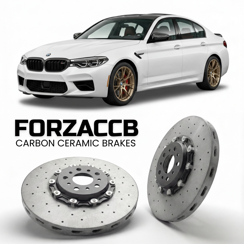 ForzaCCB direct OEM replacement carbon ceramic brake rotors for 2017 to 2023 BMW M5 Sedan F90 models, shown with a white BMW M5 Sedan car.