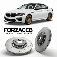 ForzaCCB direct OEM replacement carbon ceramic brake rotors for 2024- BMW M5 Sedan G90 models, shown with a white BMW M5 Sedan car.
