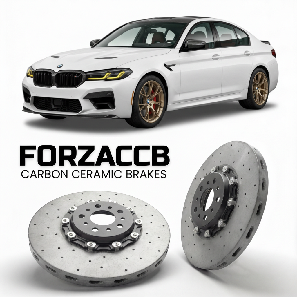 ForzaCCB direct OEM replacement carbon ceramic brake rotors for 2024- BMW M5 Sedan G90 models, shown with a white BMW M5 Sedan car.