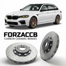 ForzaCCB direct OEM replacement carbon ceramic brake rotors for 2024- BMW M5 Touring G99 models, shown with a white BMW M5 Touring car.