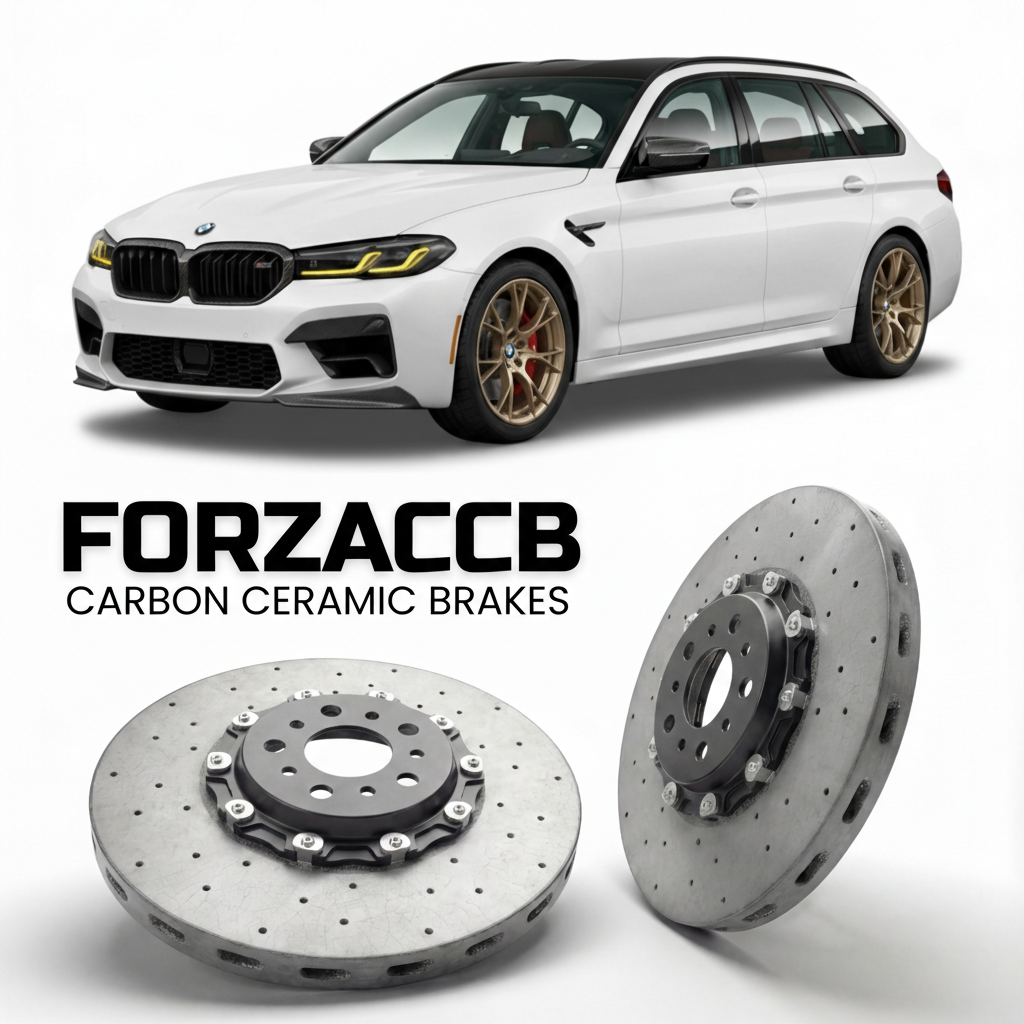 ForzaCCB direct OEM replacement carbon ceramic brake rotors for 2024- BMW M5 Touring G99 models, shown with a white BMW M5 Touring car.