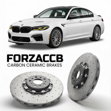 ForzaCCB direct OEM replacement carbon ceramic brake rotors for 2017 to 2023 BMW M550i xDrive G30 models, shown with a white BMW M550i xDrive car.