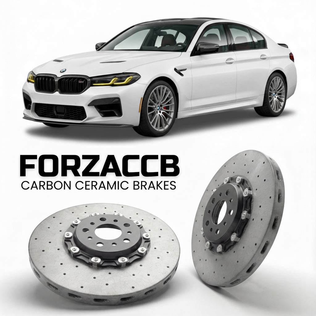 ForzaCCB direct OEM replacement carbon ceramic brake rotors for 2017 to 2023 BMW M550i xDrive G30 models, shown with a white BMW M550i xDrive car.