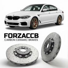 ForzaCCB direct OEM replacement carbon ceramic brake rotors for 2017 to 2023 BMW M550i xDrive G31 models, shown with a white BMW M550i xDrive car.