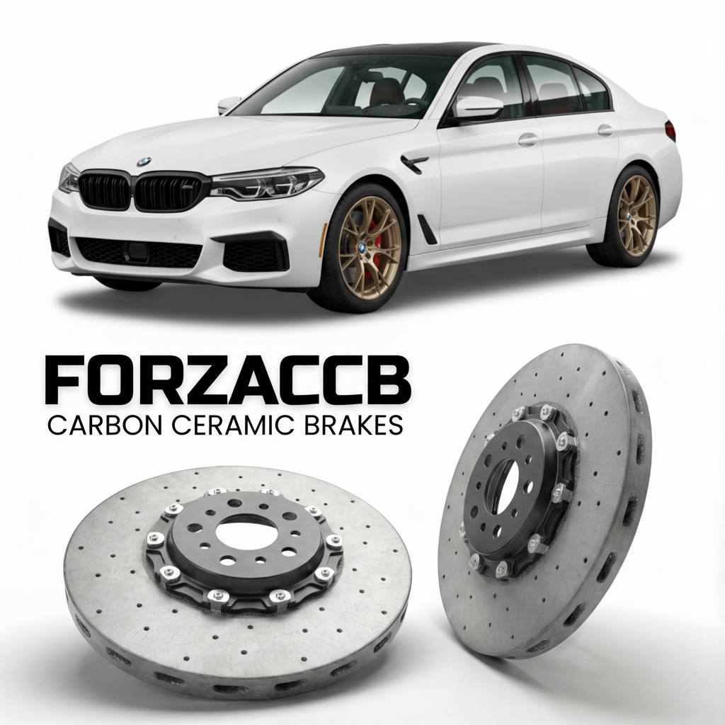ForzaCCB direct OEM replacement carbon ceramic brake rotors for 2017 to 2023 BMW M550i xDrive G31 models, shown with a white BMW M550i xDrive car.