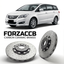 ForzaCCB direct OEM replacement carbon ceramic brake rotors for 2010 to 2013 BYD M6 models, shown with a white BYD M6 car.