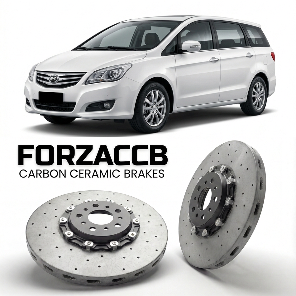 ForzaCCB direct OEM replacement carbon ceramic brake rotors for 2010 to 2013 BYD M6 models, shown with a white BYD M6 car.