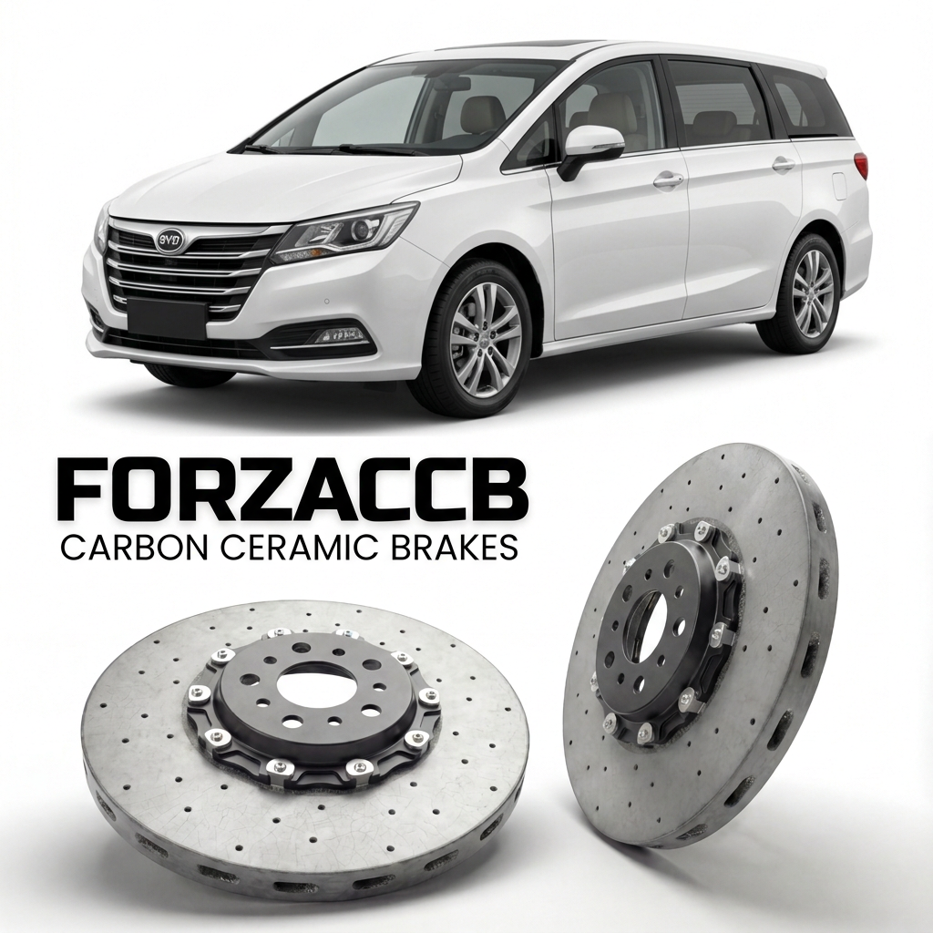ForzaCCB direct OEM replacement carbon ceramic brake rotors for 2013 to 2017 BYD M6 facelift 2013 models, shown with a white BYD M6 car.