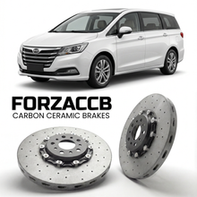 ForzaCCB direct OEM replacement carbon ceramic brake rotors for 2013 to 2017 BYD M6 facelift 2013 models, shown with a white BYD M6 car.