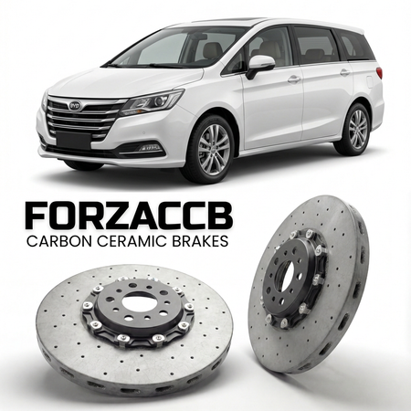 ForzaCCB direct OEM replacement carbon ceramic brake rotors for 2013 to 2017 BYD M6 facelift 2013 models, shown with a white BYD M6 car.