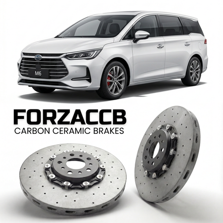 ForzaCCB direct OEM replacement carbon ceramic brake rotors for 2024 and newer BYD M6 2024 models, shown with a white BYD M6 car.