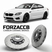 ForzaCCB direct OEM replacement carbon ceramic brake rotors for 2015 to 2018 BMW M6 Competition F06 models, shown with a white BMW M6 Competition car.