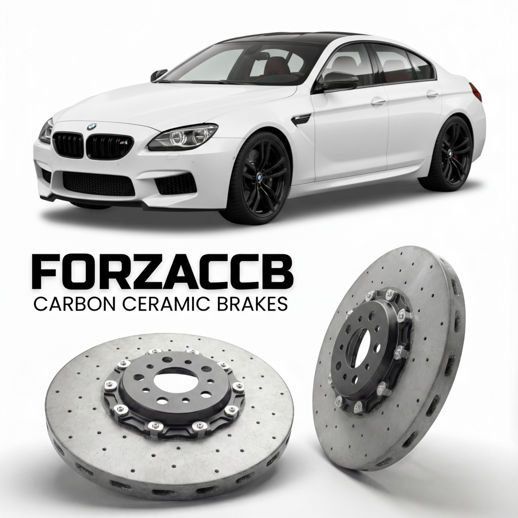 ForzaCCB direct OEM replacement carbon ceramic brake rotors for 2015 to 2018 BMW M6 Competition F06 models, shown with a white BMW M6 Competition car.