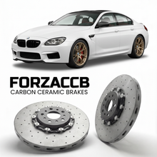 ForzaCCB direct OEM replacement carbon ceramic brake rotors for 2015 to 2018 BMW M6 Competition F12 models, shown with a white BMW M6 Competition car.