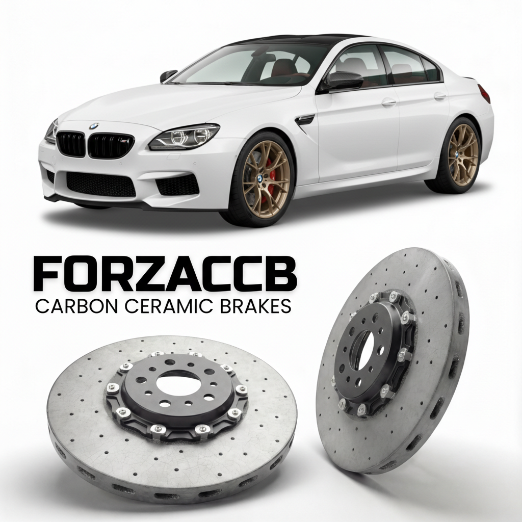 ForzaCCB direct OEM replacement carbon ceramic brake rotors for 2015 to 2018 BMW M6 Competition F12 models, shown with a white BMW M6 Competition car.
