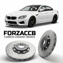 ForzaCCB direct OEM replacement carbon ceramic brake rotors for 2015 to 2018 BMW M6 Competition F13 models, shown with a white BMW M6 Competition car.
