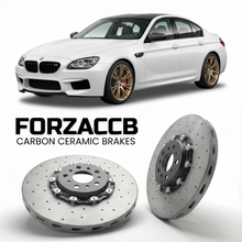 ForzaCCB direct OEM replacement carbon ceramic brake rotors for 2016 BMW M6 Competition Edition F13 models, shown with a white BMW M6 Competition Edition car.