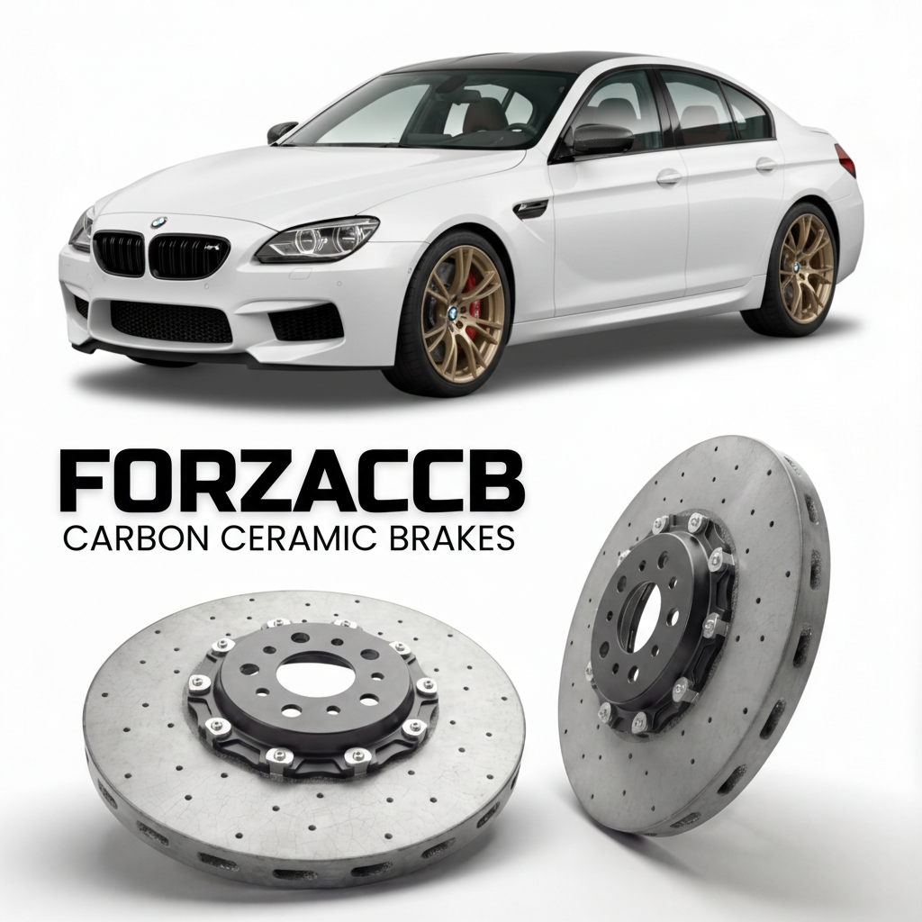 ForzaCCB direct OEM replacement carbon ceramic brake rotors for 2016 BMW M6 Competition Edition F13 models, shown with a white BMW M6 Competition Edition car.