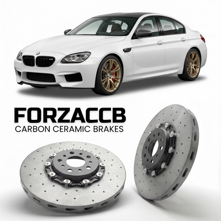 ForzaCCB direct OEM replacement carbon ceramic brake rotors for 2016 BMW M6 Competition Edition F13 models, shown with a white BMW M6 Competition Edition car.