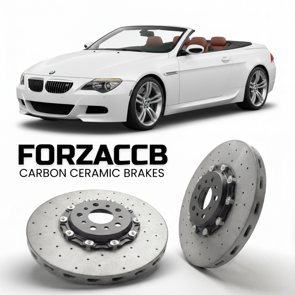 ForzaCCB direct OEM replacement carbon ceramic brake rotors for 2006 to 2010 BMW M6 Convertible E64 models, shown with a white BMW M6 Convertible car.