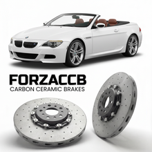 ForzaCCB direct OEM replacement carbon ceramic brake rotors for 2006 to 2010 BMW M6 Convertible E64 models, shown with a white BMW M6 Convertible car.