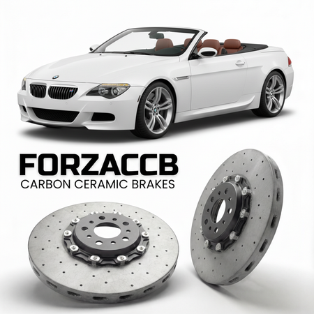 ForzaCCB direct OEM replacement carbon ceramic brake rotors for 2006 to 2010 BMW M6 Convertible E64 models, shown with a white BMW M6 Convertible car.
