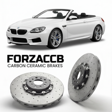ForzaCCB direct OEM replacement carbon ceramic brake rotors for 2012 to 2018 BMW M6 Convertible F12 models, shown with a white BMW M6 Convertible car.