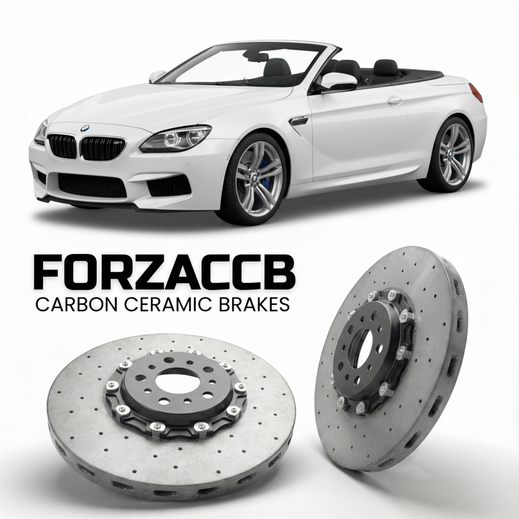ForzaCCB direct OEM replacement carbon ceramic brake rotors for 2012 to 2018 BMW M6 Convertible F12 models, shown with a white BMW M6 Convertible car.