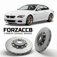 ForzaCCB direct OEM replacement carbon ceramic brake rotors for 2005 to 2010 BMW M6 Coupe E63 models, shown with a white BMW M6 Coupe car.