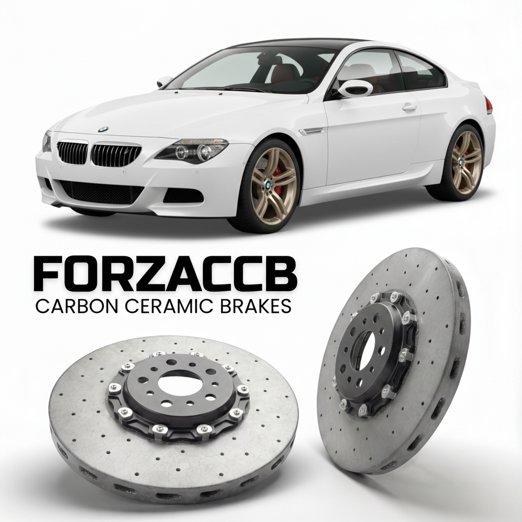 ForzaCCB direct OEM replacement carbon ceramic brake rotors for 2005 to 2010 BMW M6 Coupe E63 models, shown with a white BMW M6 Coupe car.