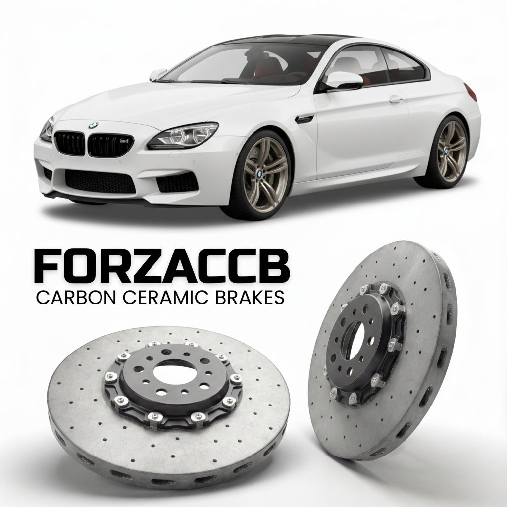 ForzaCCB direct OEM replacement carbon ceramic brake rotors for 2012 to 2018 BMW M6 Coupe F13 models, shown with a white BMW M6 Coupe car.