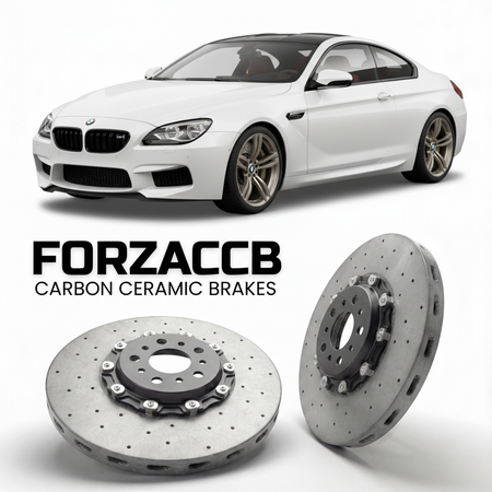 ForzaCCB direct OEM replacement carbon ceramic brake rotors for 2012 to 2018 BMW M6 Coupe F13 models, shown with a white BMW M6 Coupe car.