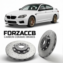 ForzaCCB direct OEM replacement carbon ceramic brake rotors for 2013 to 2018 BMW M6 Gran Coupe F06 models, shown with a white BMW M6 Gran Coupe car.