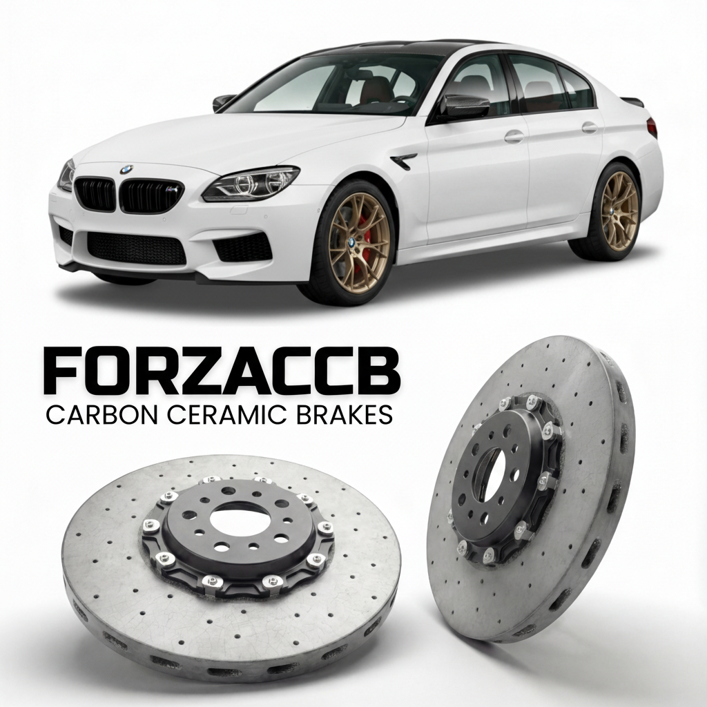 ForzaCCB direct OEM replacement carbon ceramic brake rotors for 2013 to 2018 BMW M6 Gran Coupe F06 models, shown with a white BMW M6 Gran Coupe car.