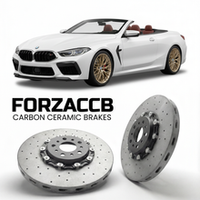 ForzaCCB direct OEM replacement carbon ceramic brake rotors for 2019 and newer BMW M8 Convertible F91 models, shown with a white BMW M8 Convertible car.