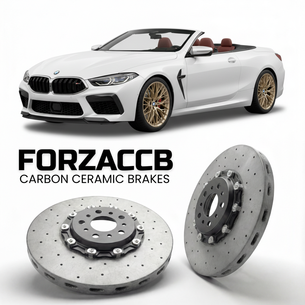 ForzaCCB direct OEM replacement carbon ceramic brake rotors for 2019 and newer BMW M8 Convertible F91 models, shown with a white BMW M8 Convertible car.