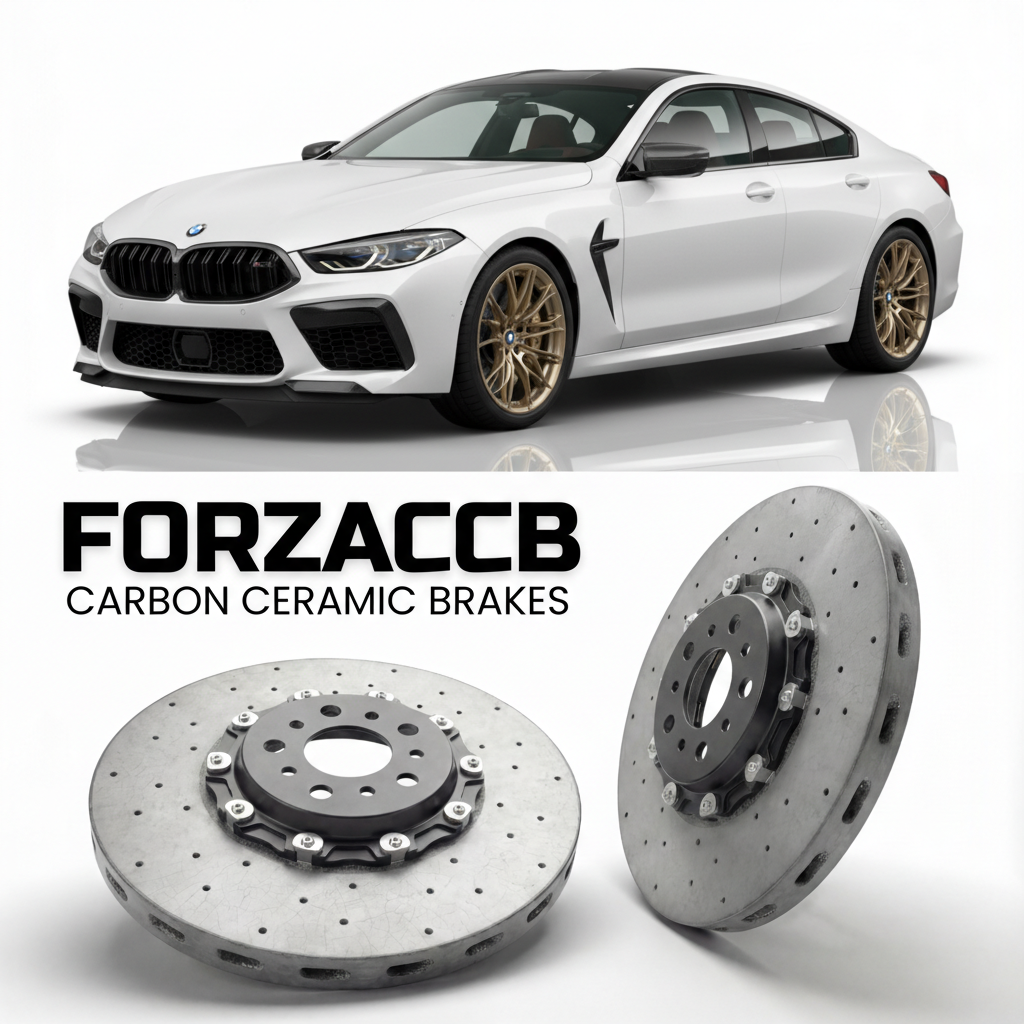 ForzaCCB direct OEM replacement carbon ceramic brake rotors for 2019 and newer BMW M8 Coupe F92 models, shown with a white BMW M8 Coupe car.