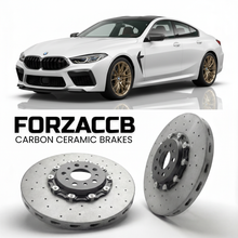 ForzaCCB direct OEM replacement carbon ceramic brake rotors for 2019 and newer BMW M8 Coupe F92 models, shown with a white BMW M8 Coupe car.