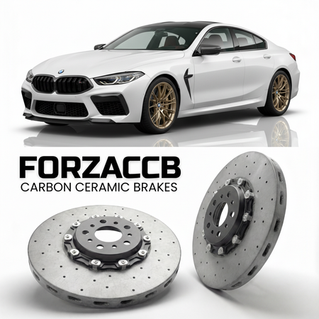ForzaCCB direct OEM replacement carbon ceramic brake rotors for 2019 and newer BMW M8 Coupe F92 models, shown with a white BMW M8 Coupe car.