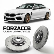 ForzaCCB direct OEM replacement carbon ceramic brake rotors for 2019 and newer BMW M8 Gran Coupe F93 models, shown with a white BMW M8 Gran Coupe car.